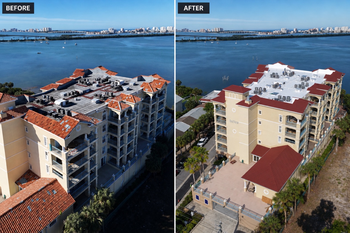Drone view of the Bayview condo building before and after its restoration, showing the repaired roof and refreshed exterior